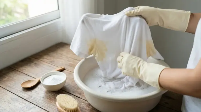 Persona con guanti lava a mano una maglietta bianca con macchie di sudore in una bacinella con acqua e sapone