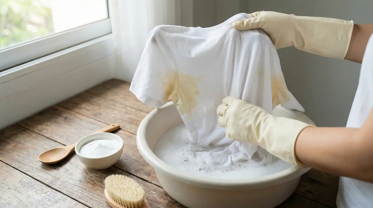 Persona con guanti lava a mano una maglietta bianca con macchie di sudore in una bacinella con acqua e sapone