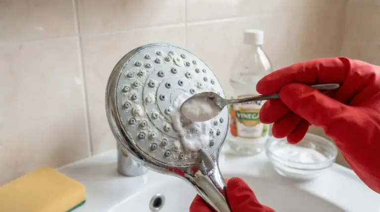 Pulizia del soffione della doccia con pasta naturale anti-calcare, mano con guanto rosso e cucchiaio vicino al lavandino