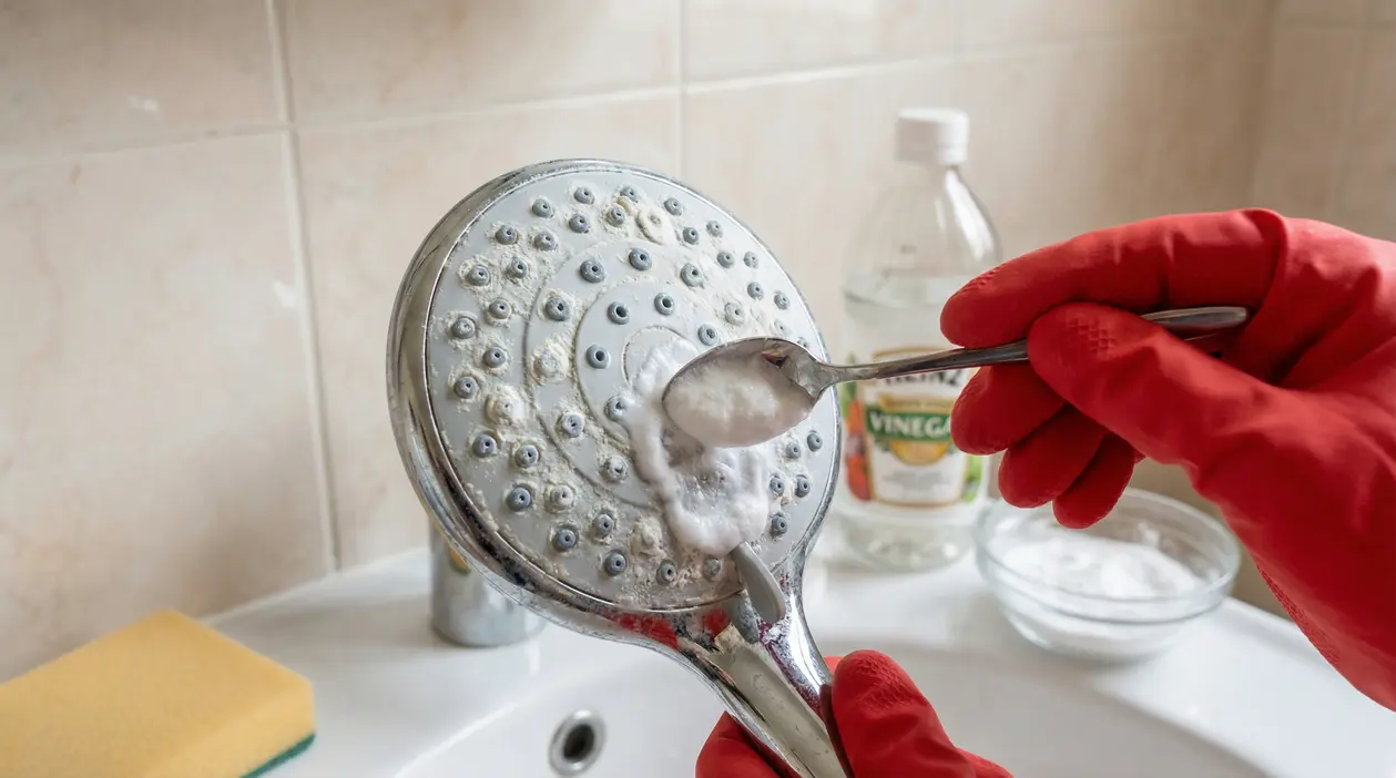 Pulizia del soffione della doccia con pasta naturale anti-calcare, mano con guanto rosso e cucchiaio vicino al lavandino