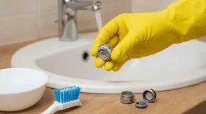 Mano con guanto giallo mostra il filtrino del rubinetto smontato e incrostato di calcare vicino al lavandino