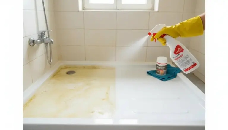 Pulizia della base del box doccia ingiallita con spray sbiancante e guanti, per rimuovere incrostazioni