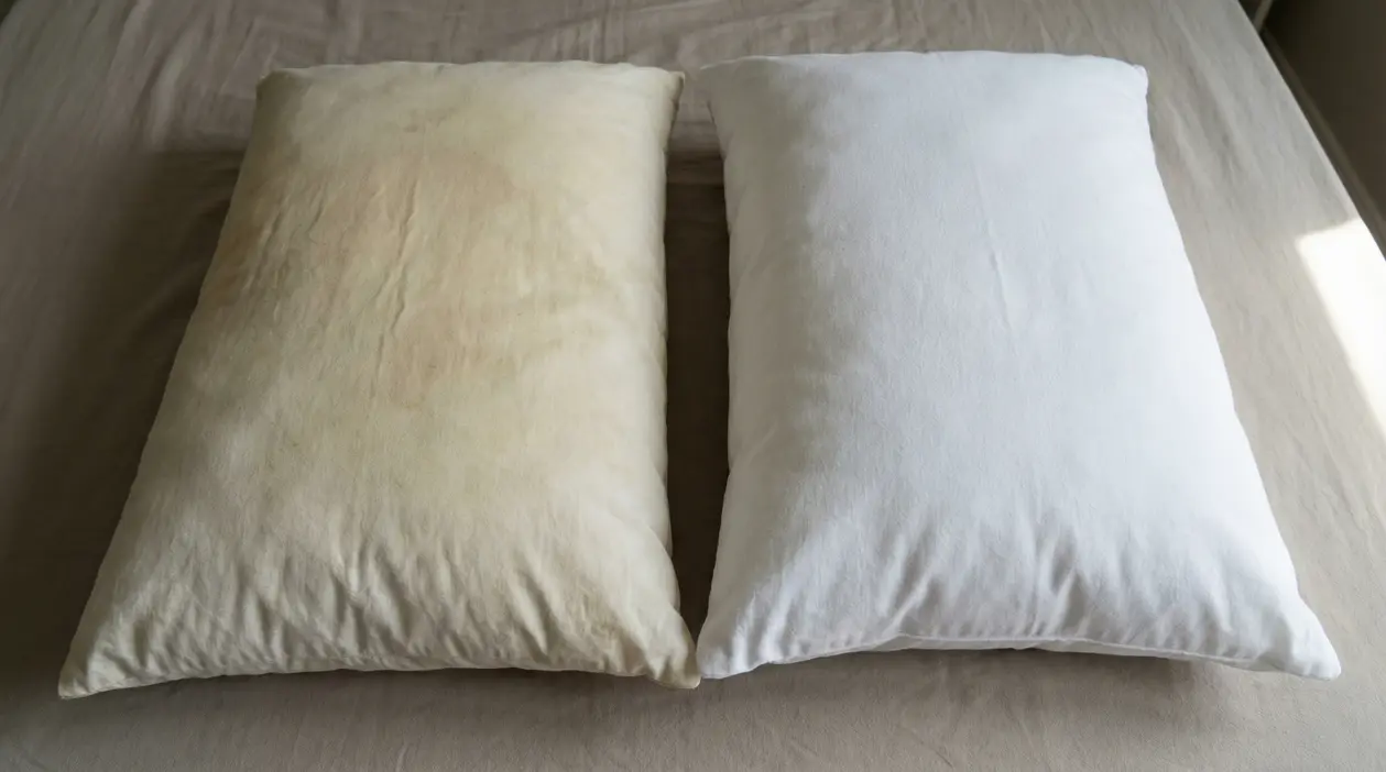 Due cuscini su un letto: uno ingiallito e uno bianco, a confronto per mostrare come sbiancare i cuscini