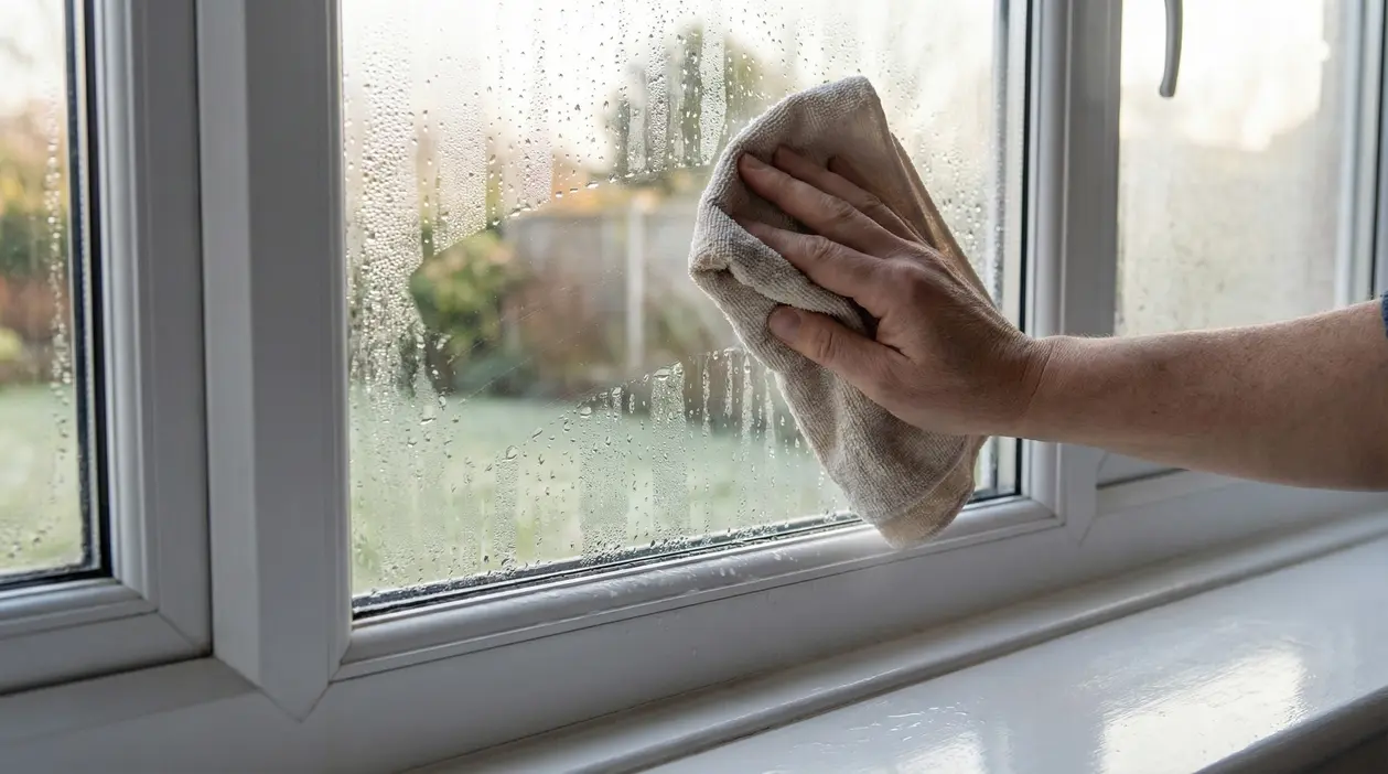 Mano che asciuga la condensa su una finestra con un panno per prevenire muffa e cattivi odori in casa