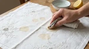 Mano che tampona macchie marroni su corredo antico ricamato con panno, con limone e ciotola sul tavolo