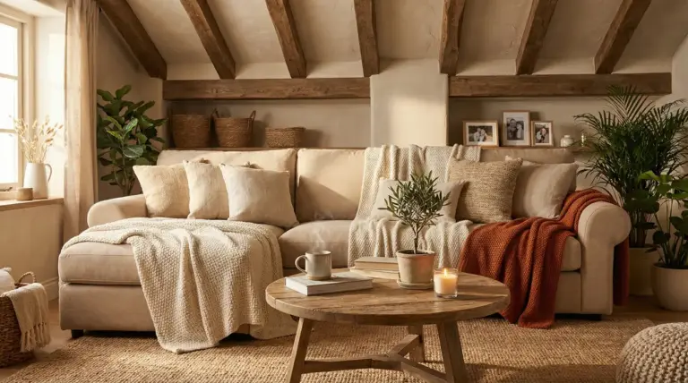 Soggiorno accogliente con divano beige, coperte e cuscini, tavolino in legno e piante in luce calda