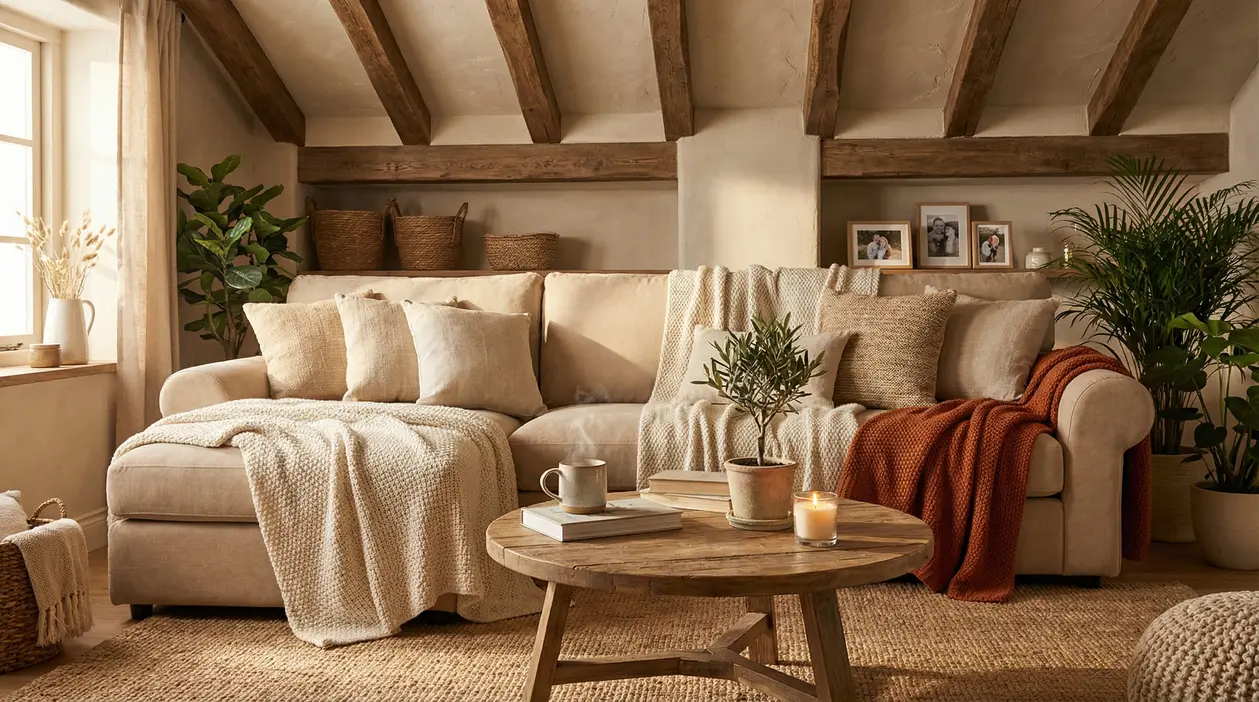 Soggiorno accogliente con divano beige, coperte e cuscini, tavolino in legno e piante in luce calda