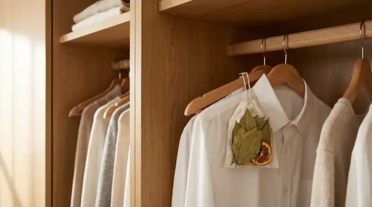 Armadio in legno con camicie appese e sacchettino profumato con foglie di alloro e agrumi essiccati