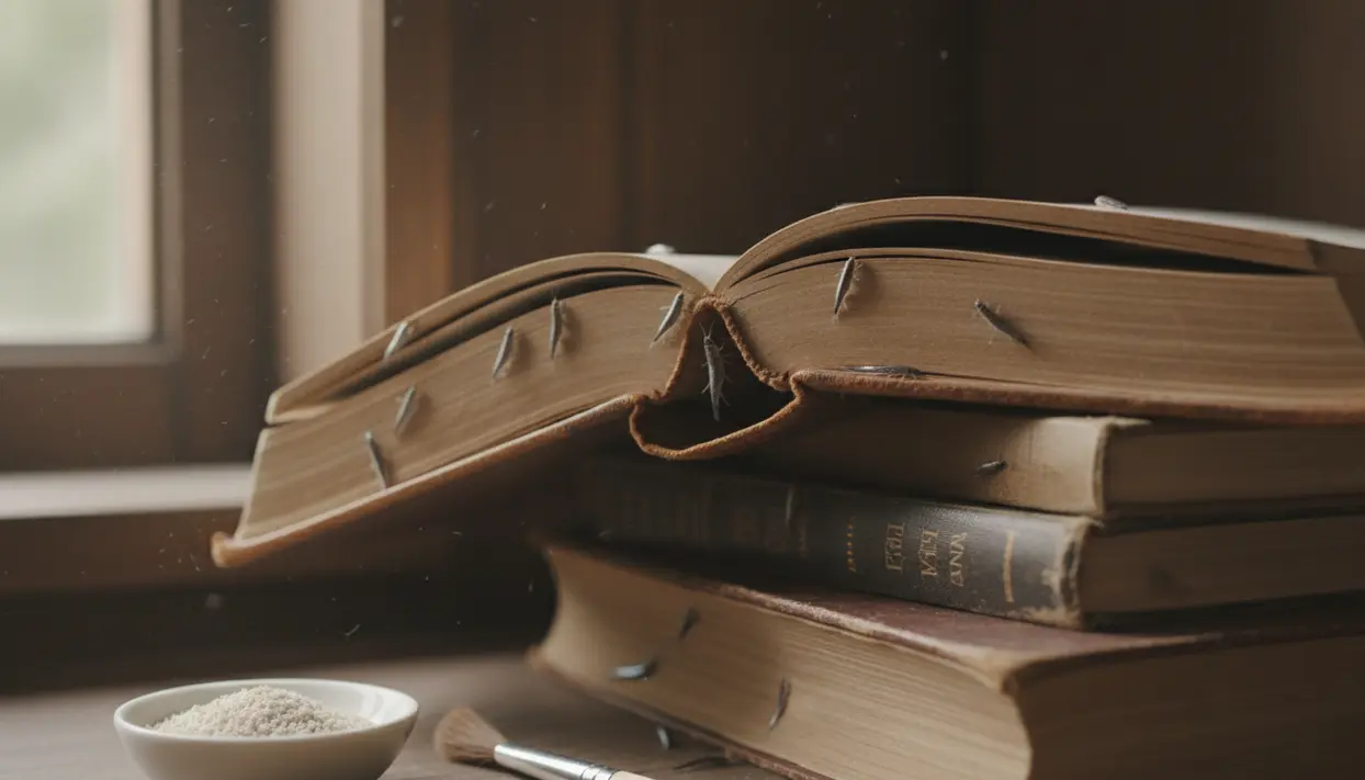 Libri impilati con piccoli insetti simili ai pesciolini d’argento tra le pagine, vicino a una finestra