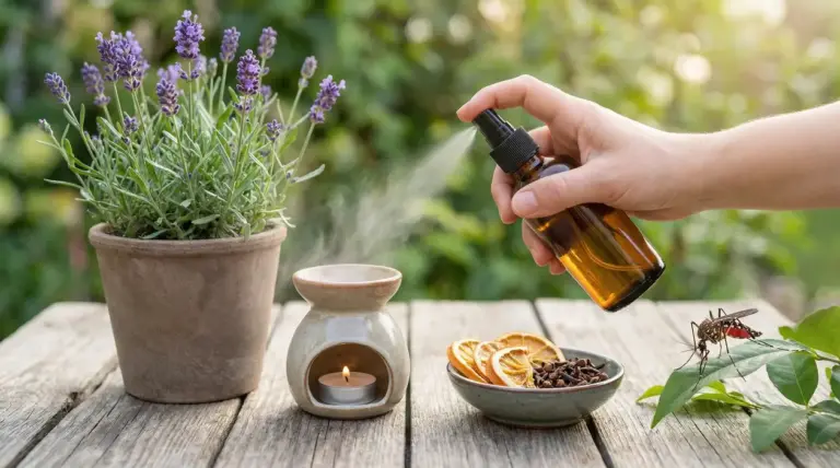 Spray naturale con oli essenziali accanto a pianta di lavanda e agrumi su tavolo in legno, per allontanare gli insetti