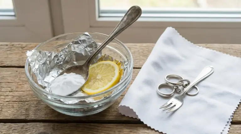 Ciotola con limone, bicarbonato e foglio di alluminio accanto a gioielli e posate in argento su panno bianco