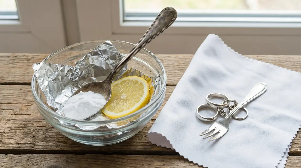 Ciotola con limone, bicarbonato e foglio di alluminio accanto a gioielli e posate in argento su panno bianco