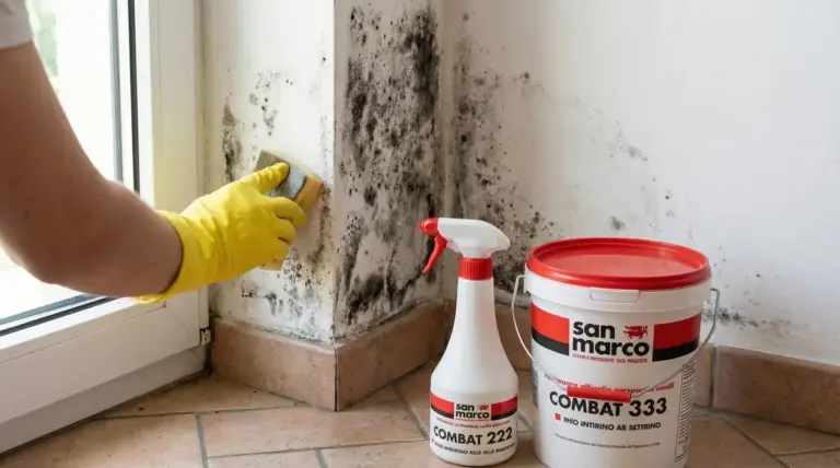 Persona con guanti gialli pulisce la muffa su una parete vicino a una finestra con spugna e detergente spray